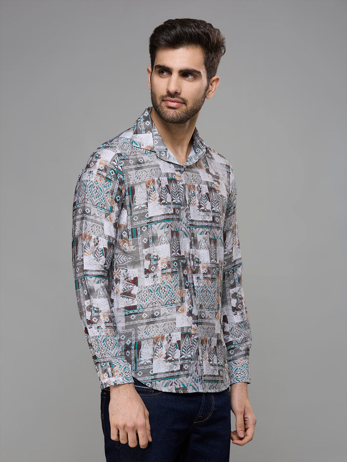 Men's Olive Printed Slim Fit Shirts