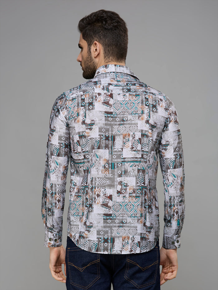 Men's Olive Printed Slim Fit Shirts