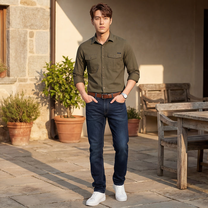 Men's Olive Solid Slim Fit Shirts