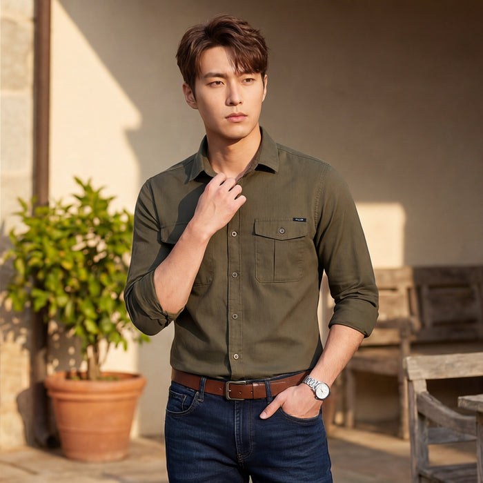 Men's Olive Solid Slim Fit Shirts