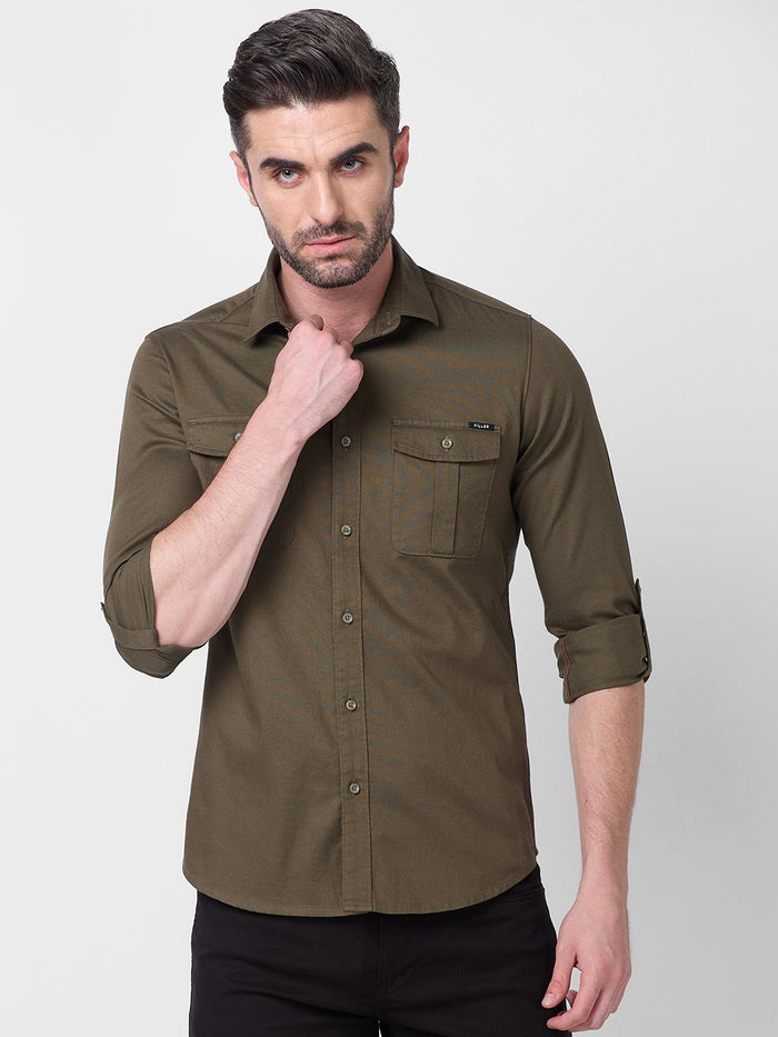 Men's Olive Solid Slim Fit Shirts