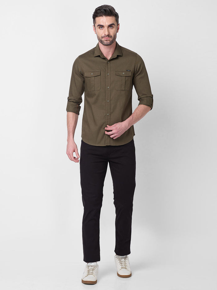 Men's Olive Solid Slim Fit Shirts