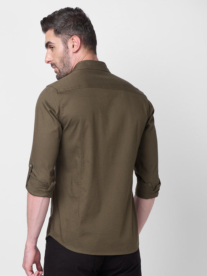 Men's Olive Solid Slim Fit Shirts