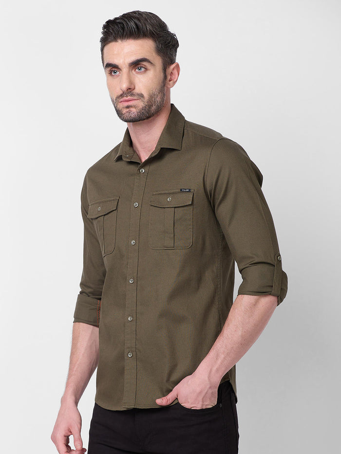 Men's Olive Solid Slim Fit Shirts