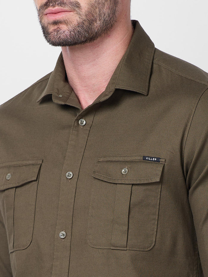 Men's Olive Solid Slim Fit Shirts