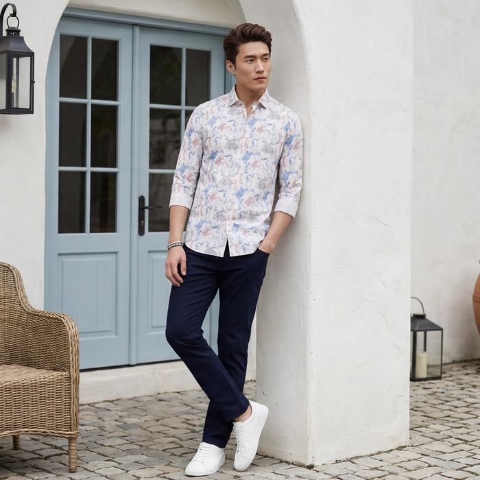 Men's Peach Printed Slim Fit Shirts
