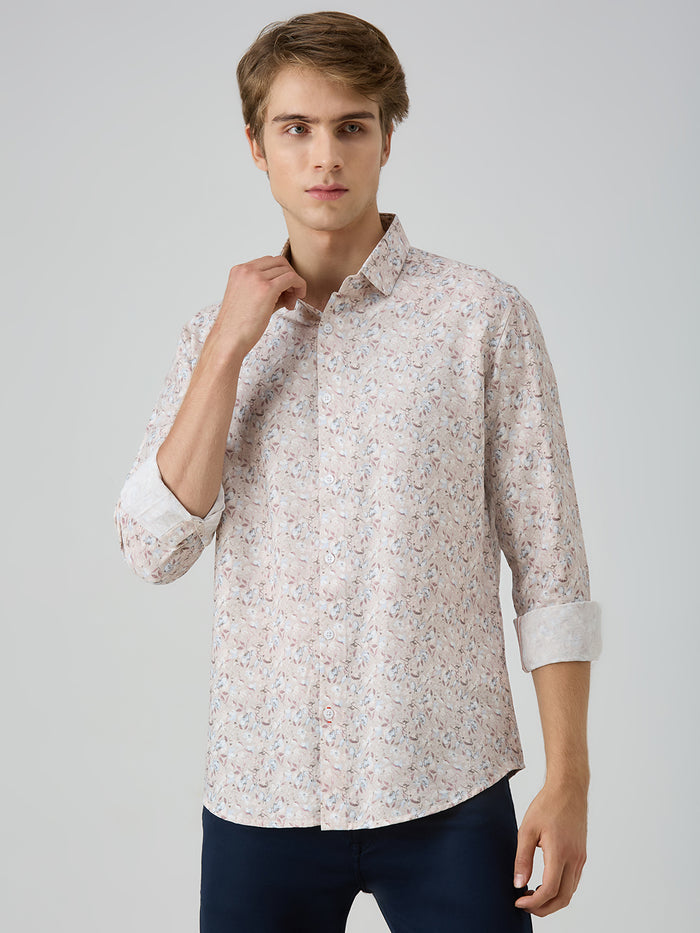 Men's Peach Printed Slim Fit Shirts