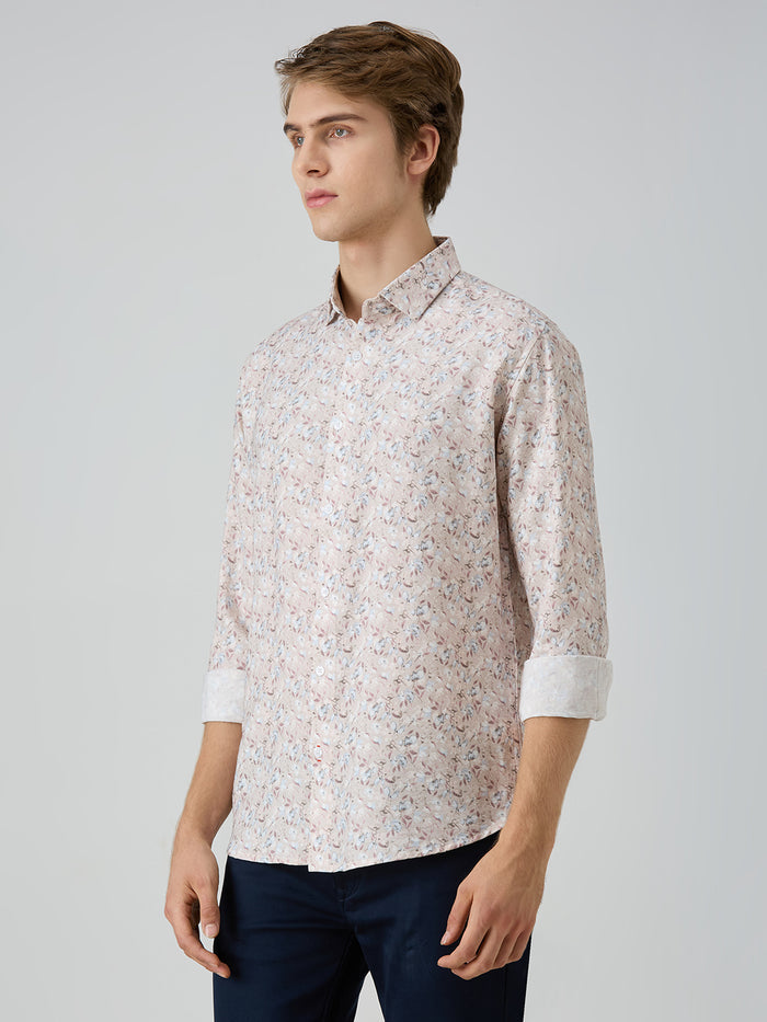 Men's Peach Printed Slim Fit Shirts
