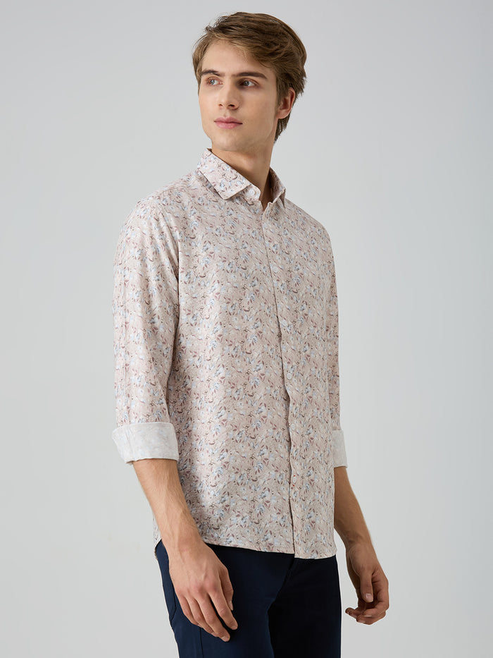 Men's Peach Printed Slim Fit Shirts
