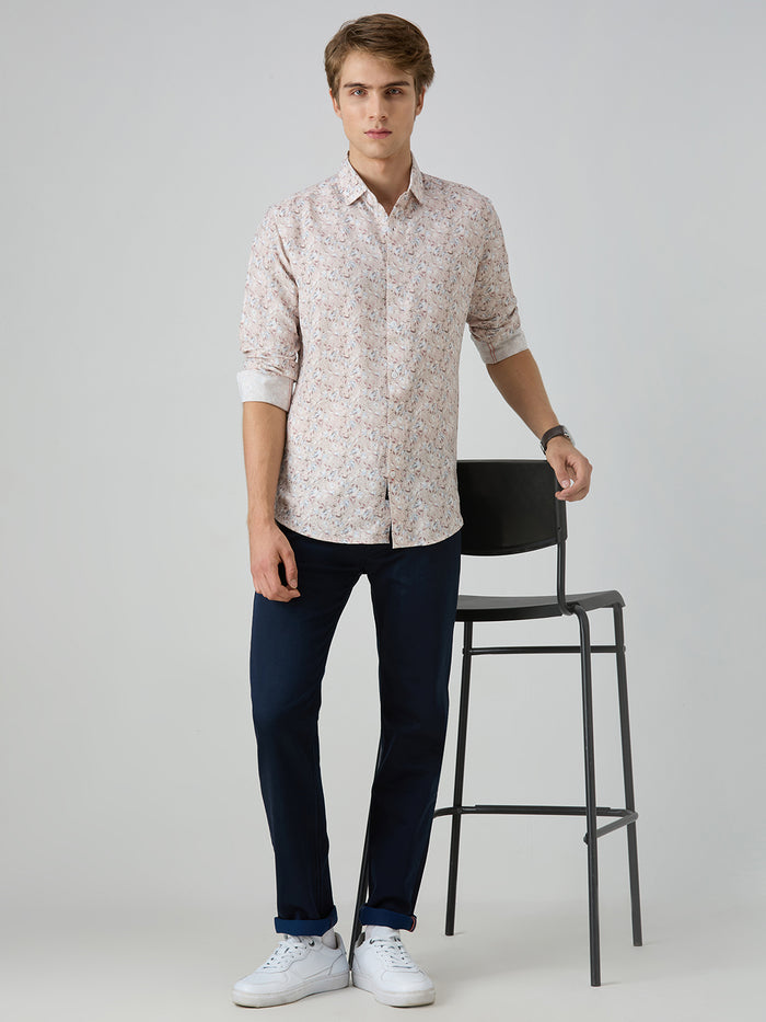 Men's Peach Printed Slim Fit Shirts