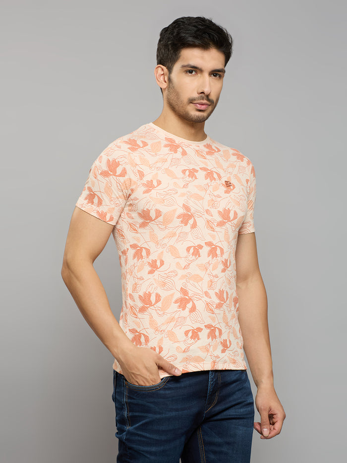 Men's Peach Printed Slim Fit T-Shirts