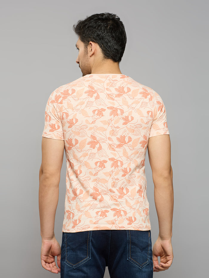 Men's Peach Printed Slim Fit T-Shirts