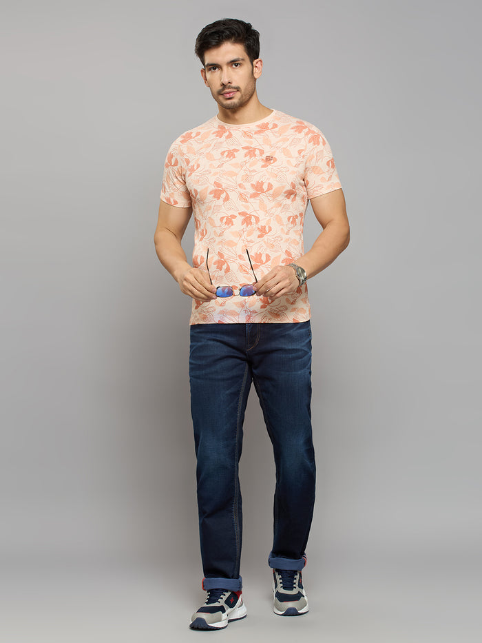 Men's Peach Printed Slim Fit T-Shirts