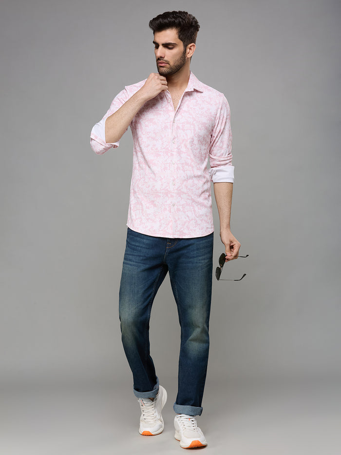Men's Peach Printed Straight Fit