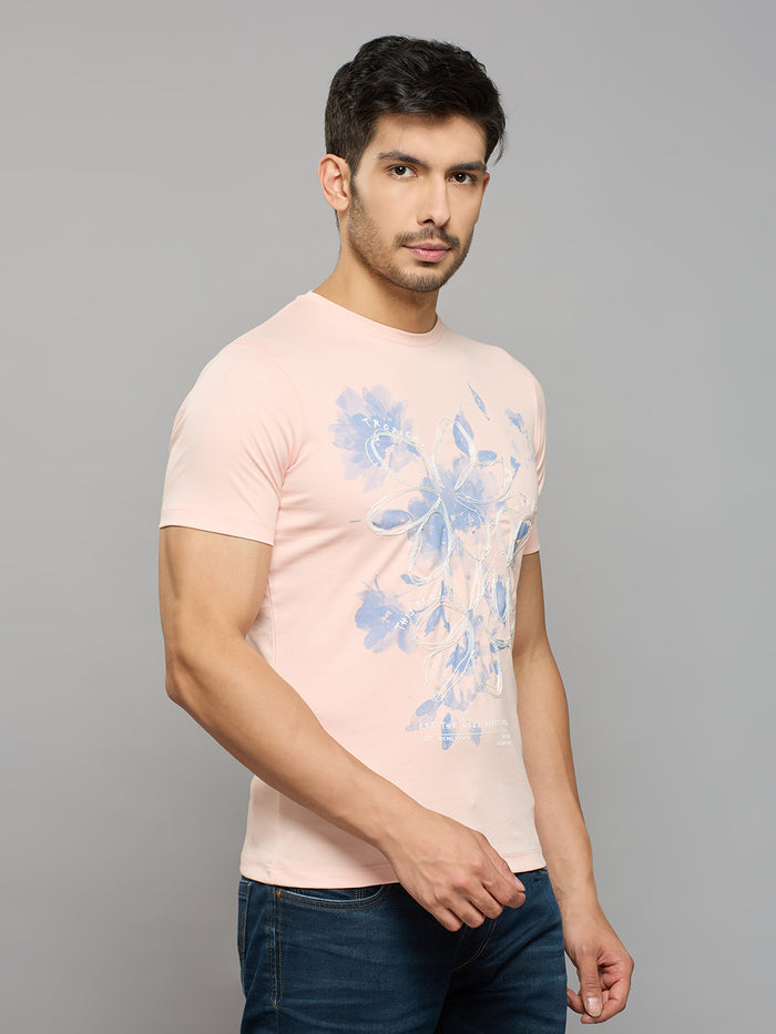Men's Pink Printed Slim Fit T-Shirts