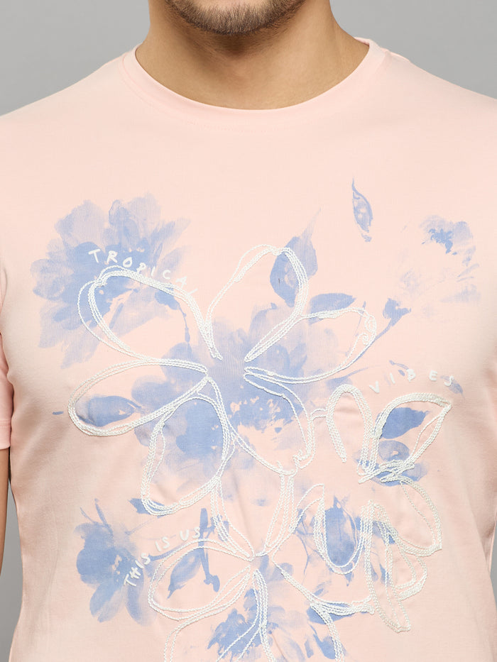 Men's Pink Printed Slim Fit T-Shirts