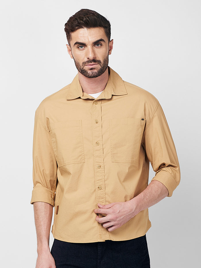 Men's Sand Solid Loose Fit Shirts