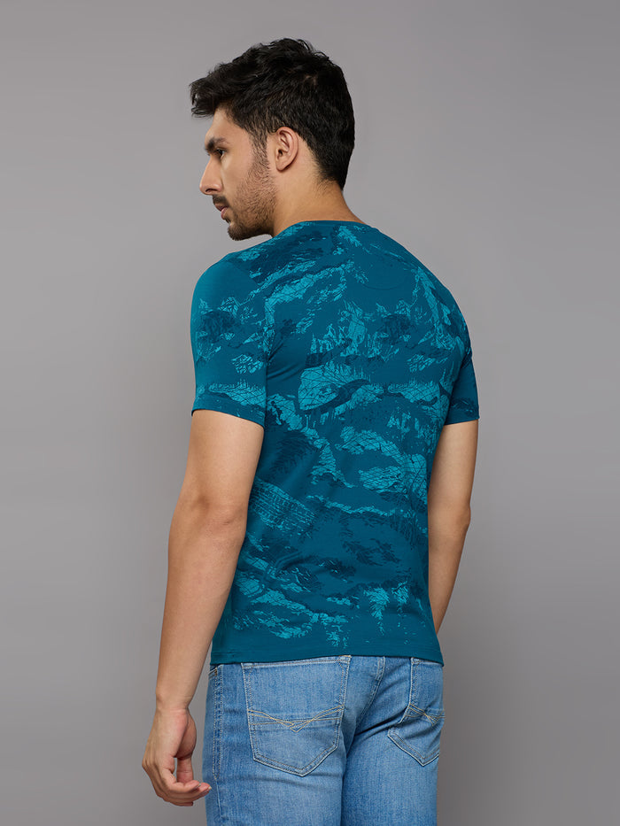 Men's Teal Blue Printed Slim Fit T-Shirts
