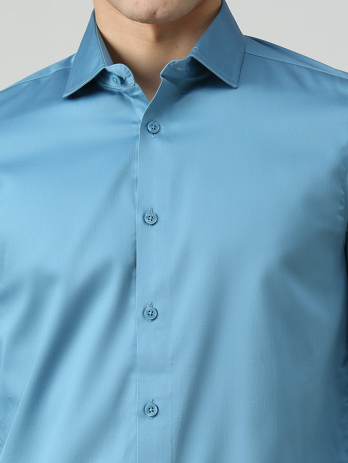 Men's Teal Blue Solid Slim Fit Shirts