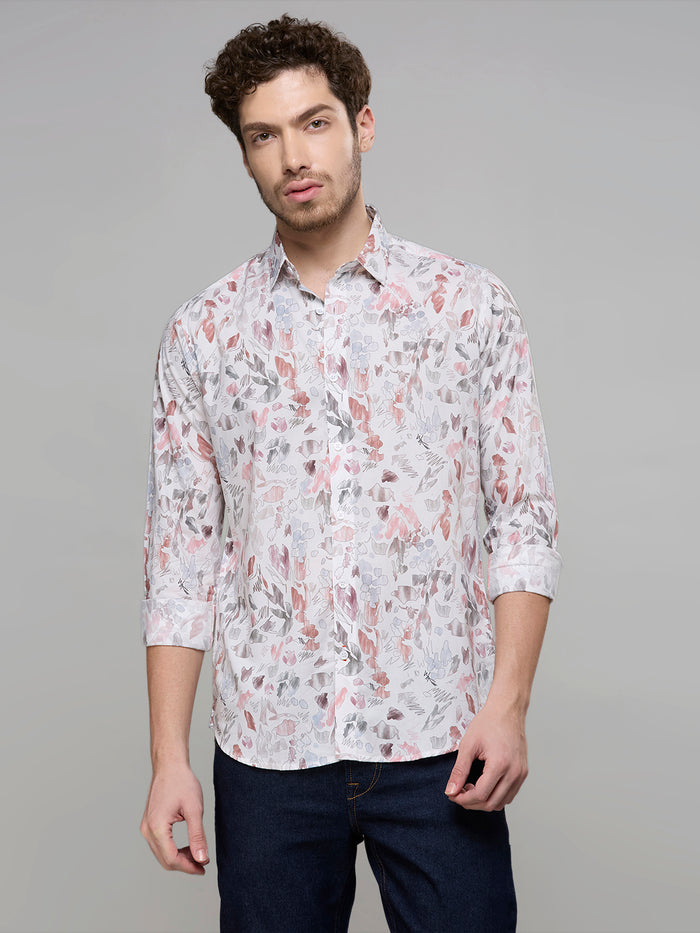 Men's White Printed Slim Fit Shirts