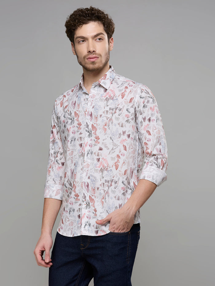 Men's White Printed Slim Fit Shirts