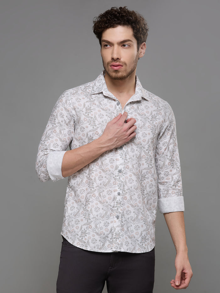 Men's White Printed Slim Fit Shirts