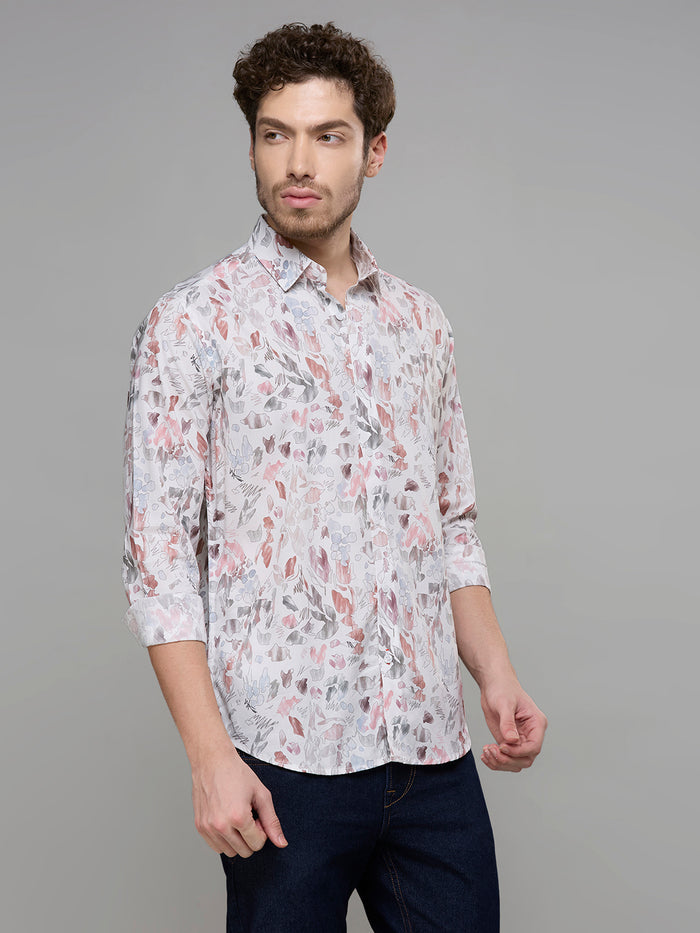 Men's White Printed Slim Fit Shirts
