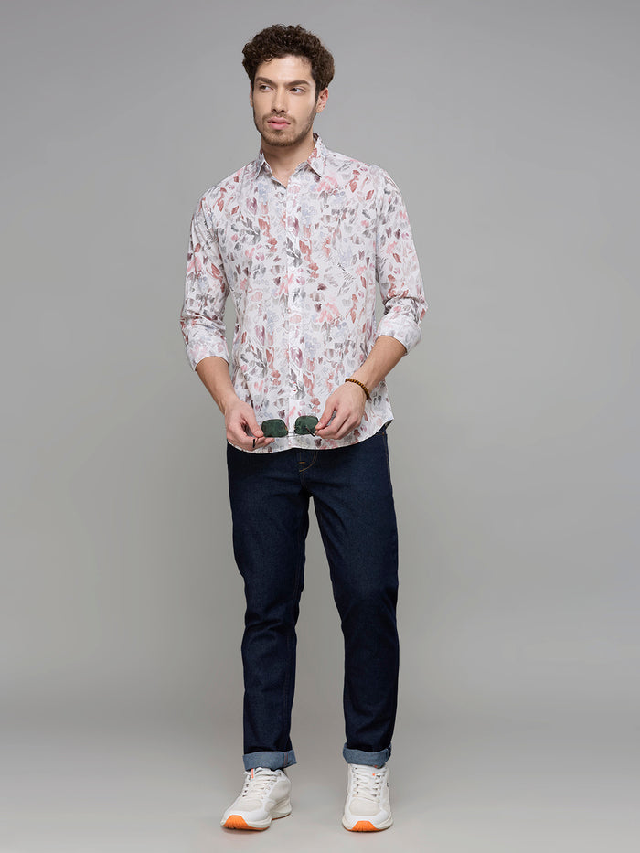 Men's White Printed Slim Fit Shirts