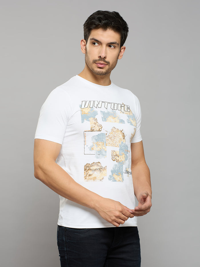 Men's White Printed Slim Fit T-Shirts