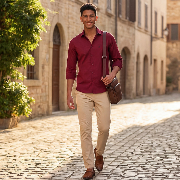 Men's Wine Solid Slim Fit Shirts