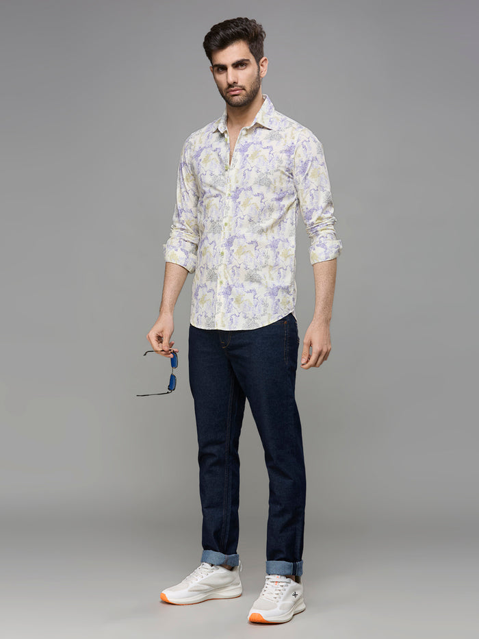 Men's Yellow Printed Slim Fit Shirts