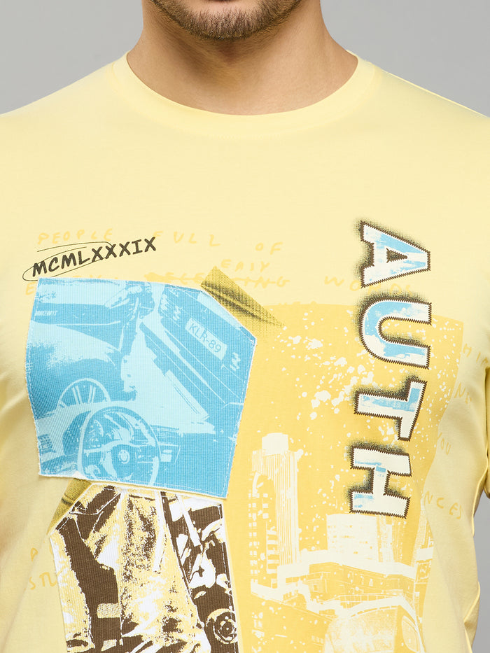Men's Yellow Printed Slim Fit T-Shirts