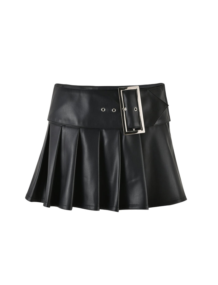 Presenting the MERRI SKIRT - BLACK in Black PU by TIGERMIST. This chic faux leather mini skirt boasts a flared design and features a wide waistband adorned with eyelet details and an off-center, large square silver buckle to the right. The glossy finish adds a touch of glam, perfect for any stylish occasion.