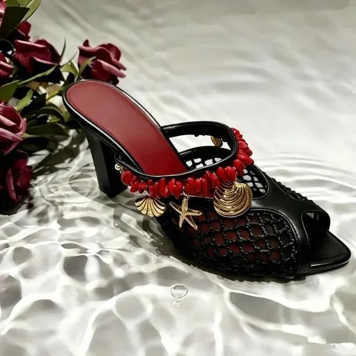 Mesh Mule Heels Red Coral Beads Seashell Decor High Heel