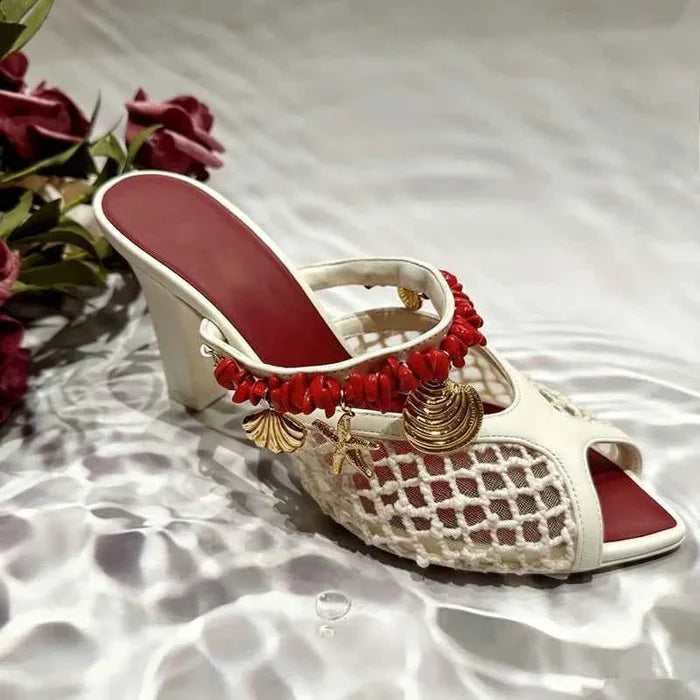 Mesh Mule Heels Red Coral Beads Seashell Decor High Heel