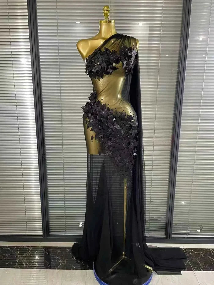 Mimi Floral Mesh See Through Bodycon Tail Maxi Dress