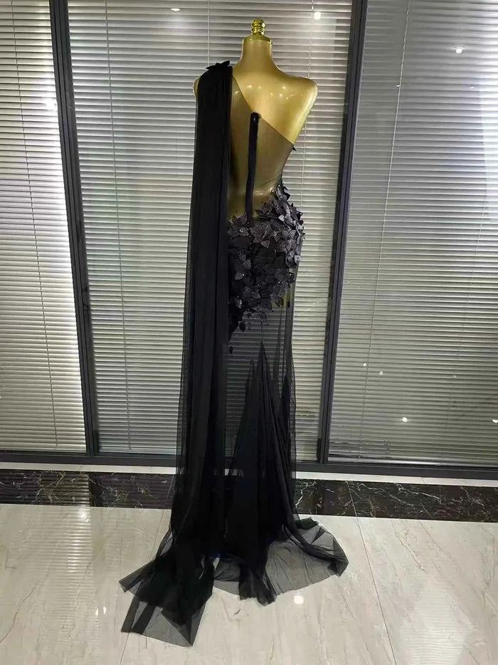 Mimi Floral Mesh See Through Bodycon Tail Maxi Dress