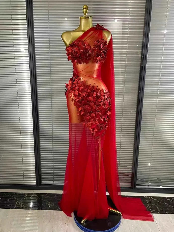 Mimi Floral Mesh See Through Bodycon Tail Maxi Dress
