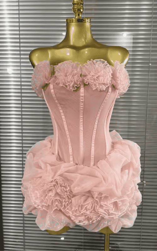 Mimi Pink Floral Mesh Strapless Mini Ball Gown Dress