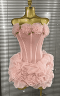 Mimi Pink Floral Mesh Strapless Mini Ball Gown Dress