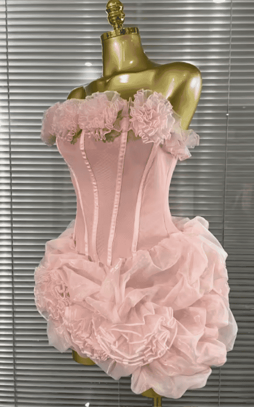 Mimi Pink Floral Mesh Strapless Mini Ball Gown Dress