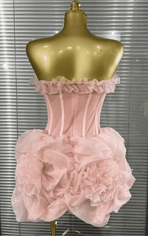 Mimi Pink Floral Mesh Strapless Mini Ball Gown Dress