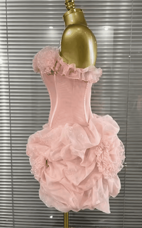 Mimi Pink Floral Mesh Strapless Mini Ball Gown Dress
