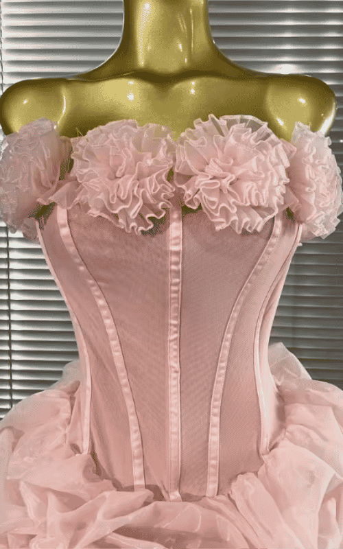 Mimi Pink Floral Mesh Strapless Mini Ball Gown Dress