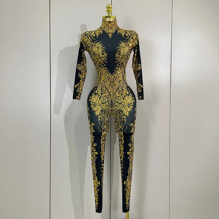 Minchie luxury sparkly diamonds print long sleeve stretch jumpsuit for women party night out