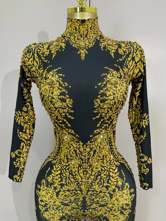 Minchie luxury sparkly diamonds print long sleeve stretch jumpsuit for women party night out
