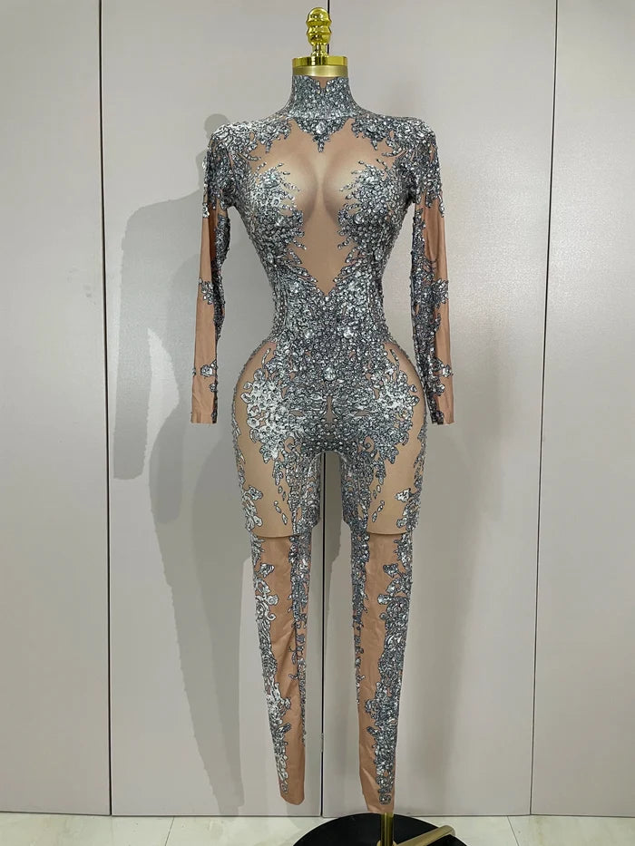 Minchie luxury sparkly diamonds print long sleeve stretch jumpsuit for women party night out