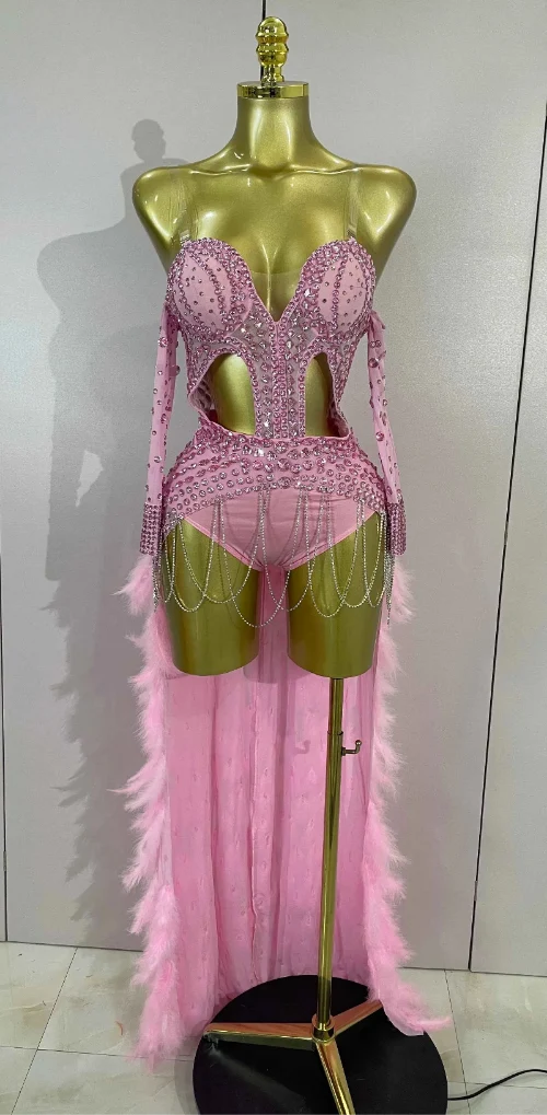 Luxury Sparkly Rhinestones Chain Feathers Bodysuits Long Tail Dress Sexy Mesh Sheer Stage Evening Party Celebrate Birthday Dress