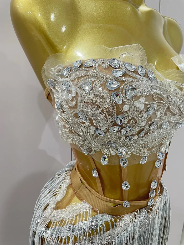 Shine in the Mira rhinestone tassel two-piece set. Elegant party outfit for birthdays, evening events, cocktail parties, and special occasions.