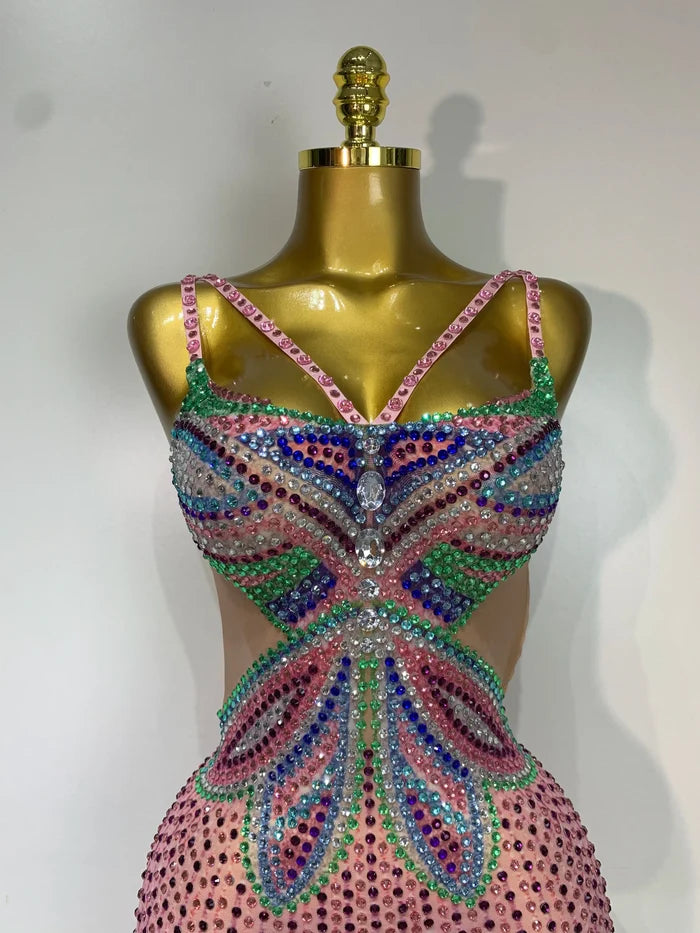Miranda colorful crystal mesh bodycon mini dress. V-neck party dress for birthdays, vacations, nightlife, and stage performances.